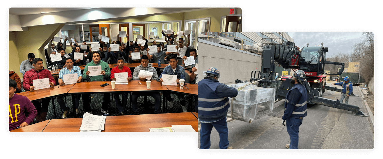 a group of construction workers holding certificates in a classroom and a training course about using a telehandler forklift