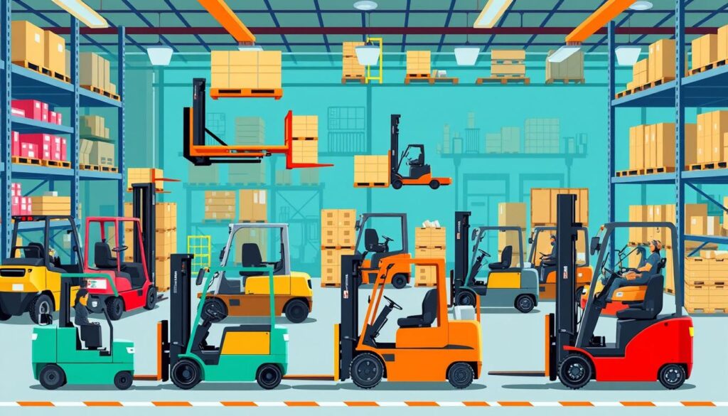 A vibrant illustration showcasing various types of forklifts in a warehouse setting, including counterbalance forklifts, reach trucks, pallet jacks, and order pickers. The scene features forklifts in action, lifting pallets and moving materials, with a dynamic background of shelves filled with goods and industrial equipment. The focus is on the diversity of forklift designs and colors, emphasizing their functional elements and different sizes.