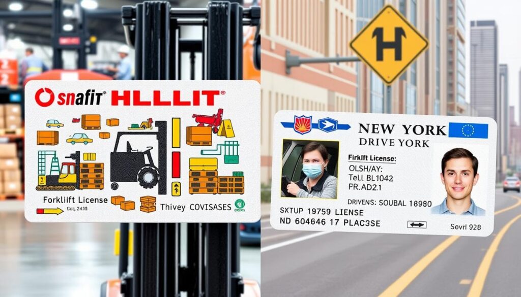 A split image showcasing a vibrant forklift license and a traditional driver's license, both displayed prominently. On one side, the osha forklift license features bold graphics representing warehouse themes, crates, and machinery. On the other side, the new york driver's license displays road signs, vehicles, and a cityscape. The background is divided with industrial elements on one side and urban motifs on the other, highlighting the contrasting worlds of forklift operation and driving.