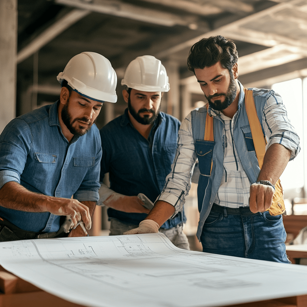 Three contractors with hard hats discussing their construction plan