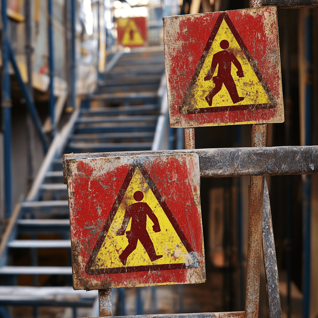 At a Construction Site showing metal stairs, highlighting fall hazard signs.