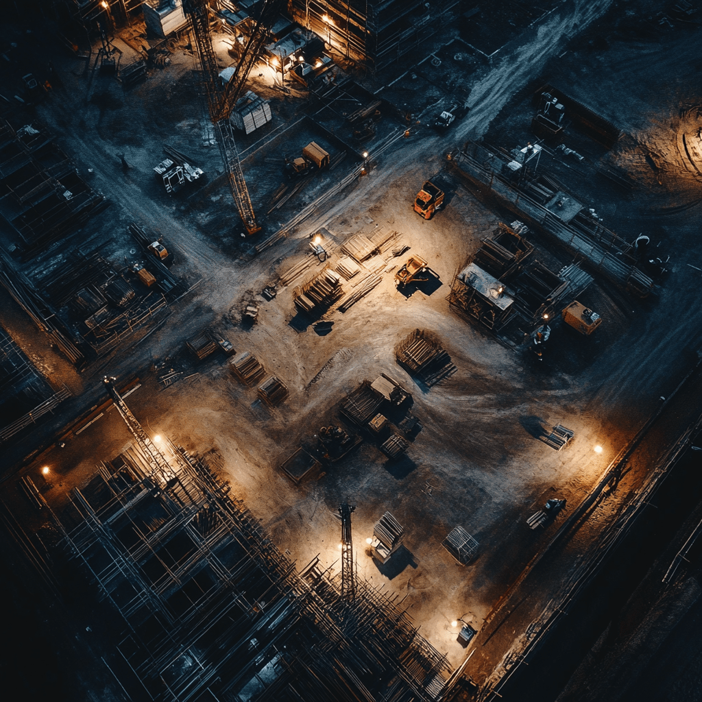 A Large Construction site with heavy machines and supplies at night. To demonstrate the importance of lighting when working on low light environment.