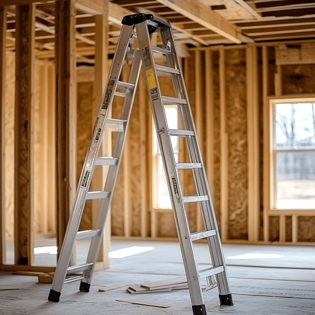 a six foot A-Frame Ladder being used in an unfinished residential Home. This is to show the importance of using the correct equipment for a task.