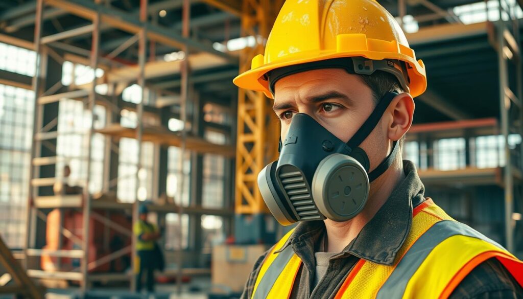 A construction worker wearing a respirator, in a busy construction site, surrounded by scaffolding and machinery, wearing a hard hat and safety vest, with dust and debris in the air, focused on his task, strong sunlight casting shadows, realistic and detailed portrayal.