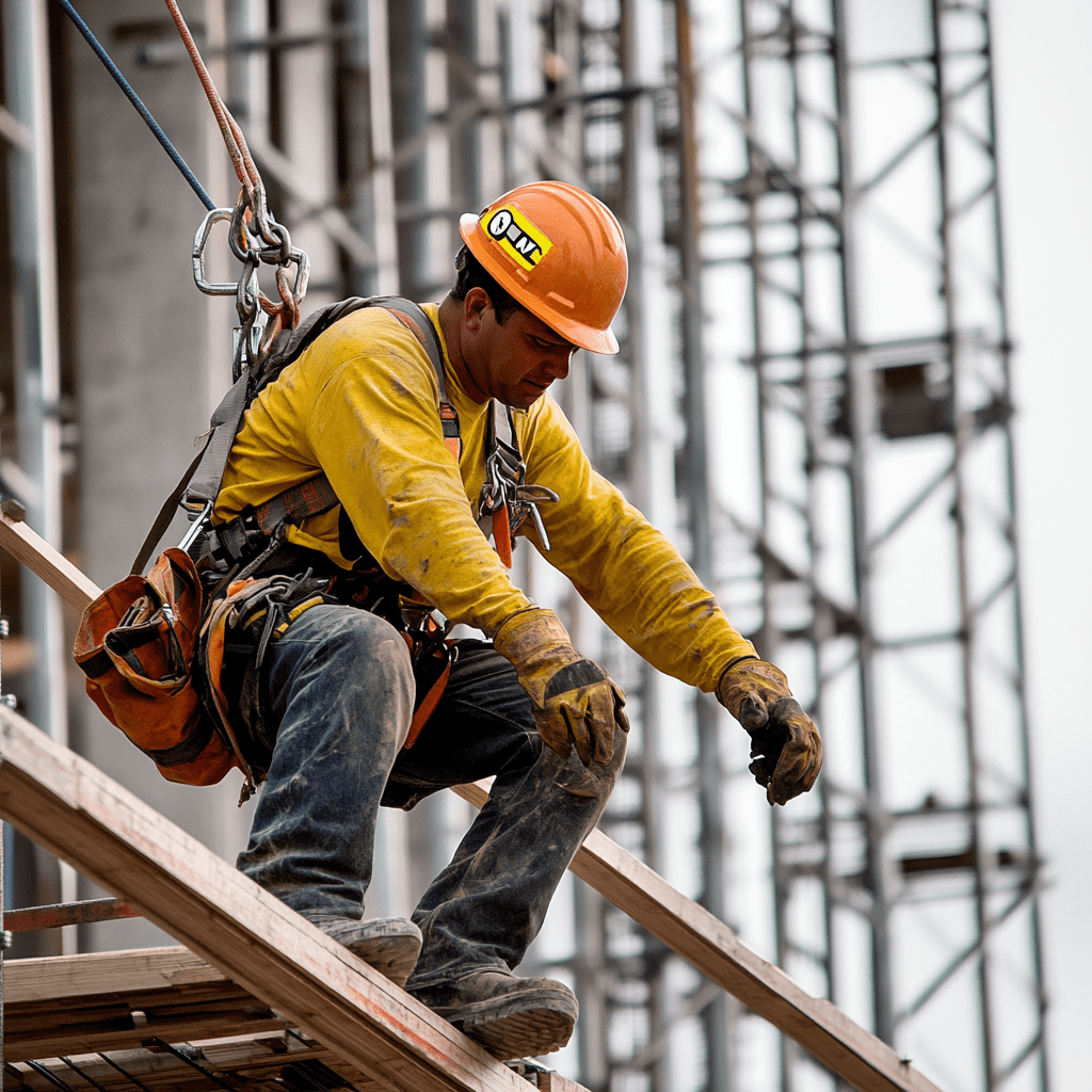 Construction worker standing on a wood board being held between construction scaffolding. Worker is being held by a Harness while the lanyards is attached to a solid structure of the building.