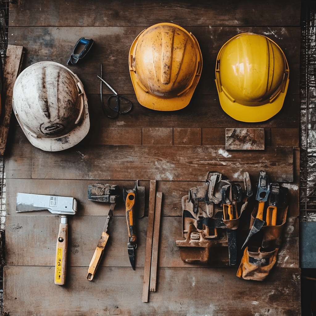 We show organized construction tools laid out on a table with hard hat, tool belt, etc