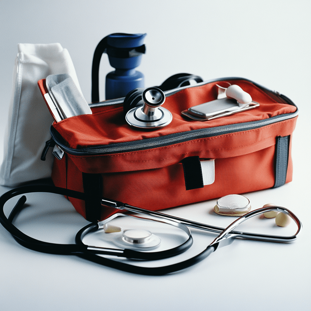 Medical supplies such as a stethoscope, medical bag, bandages, etc.