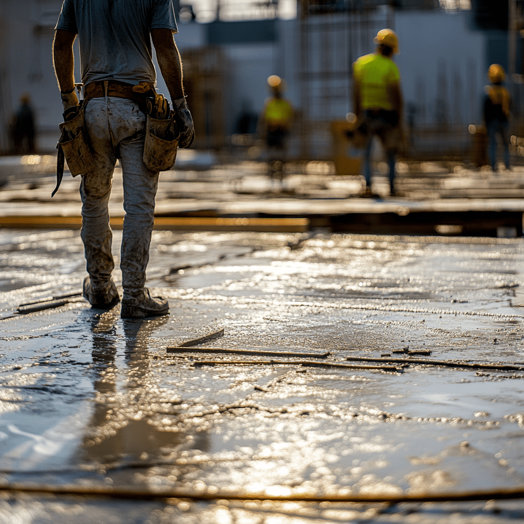 We show a construction worker standing on a elevated surface where the floor is wet and slippery. This is an example that shows a fall risk.