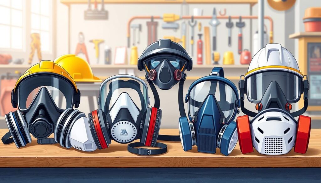 A detailed illustration showcasing various types of construction respirators arranged on a workbench, including a half-mask respirator, a full-face respirator, an N95 mask, and a powered air-purifying respirator (PAPR). Each respirator is depicted in realistic detail, highlighting features like filters and straps, with construction tools and safety gear in the background. The scene is set in a bright construction site environment, emphasizing safety and professionalism.