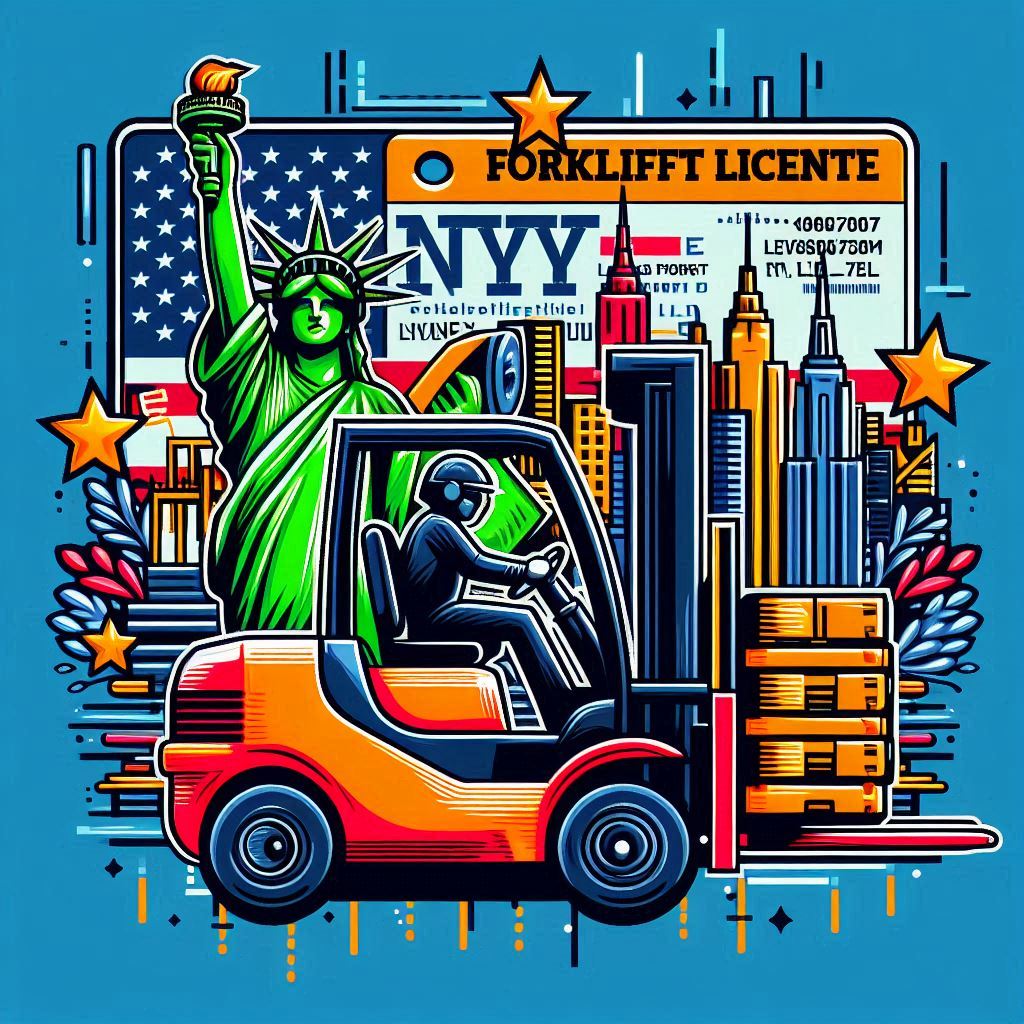 An illustration photo showing a man driving and carrying load on forklift. In the background shows Iconic symbols of NY featuring statue of liberty, New York License, and new york city buildings