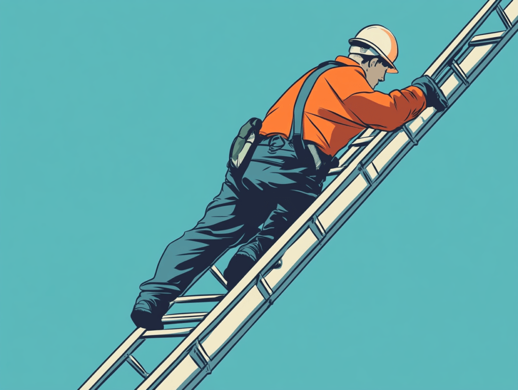 A person climbing a ladder, demonstrating proper safety technique by maintaining three points of contact at all times. Two hands on the rungs and one foot on a rung or the ladder's side rail.