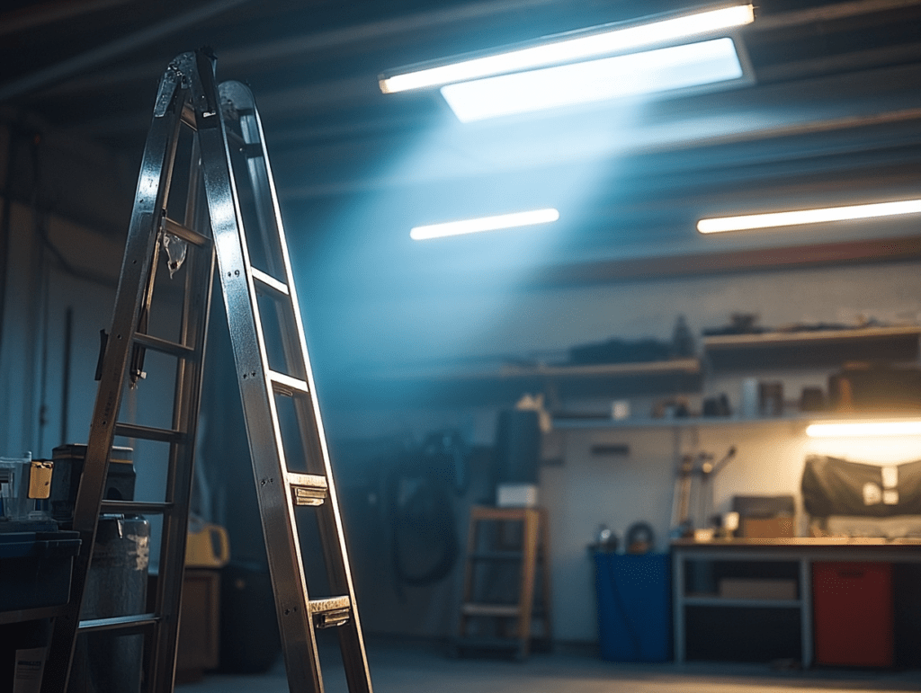 A ladder inside a garage stored away from direct sunlight and chemicals that would degrade the life. Clean ladders will extend the expected average life of a ladder