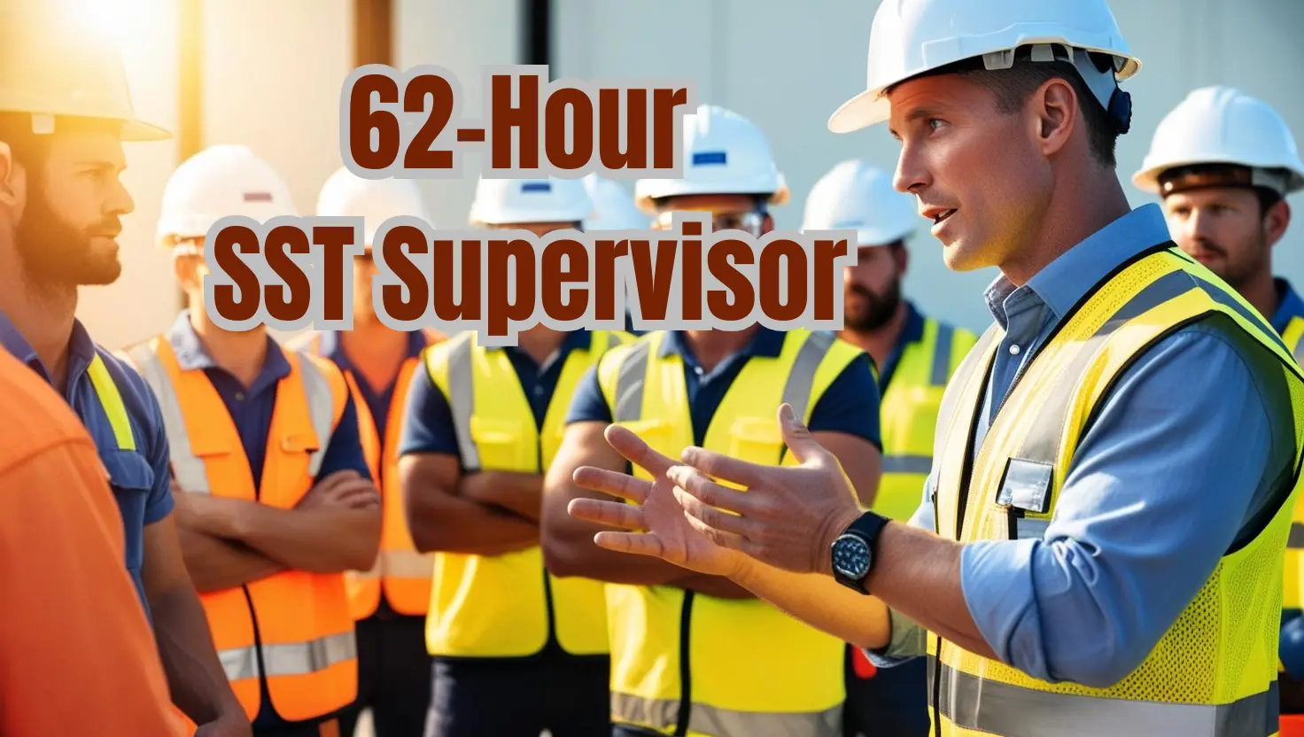 A construction site meeting features a supervisor in a hard hat and high-visibility vest talking to workers, with the text 62-HR SST Supervisor Package overlaid prominently.