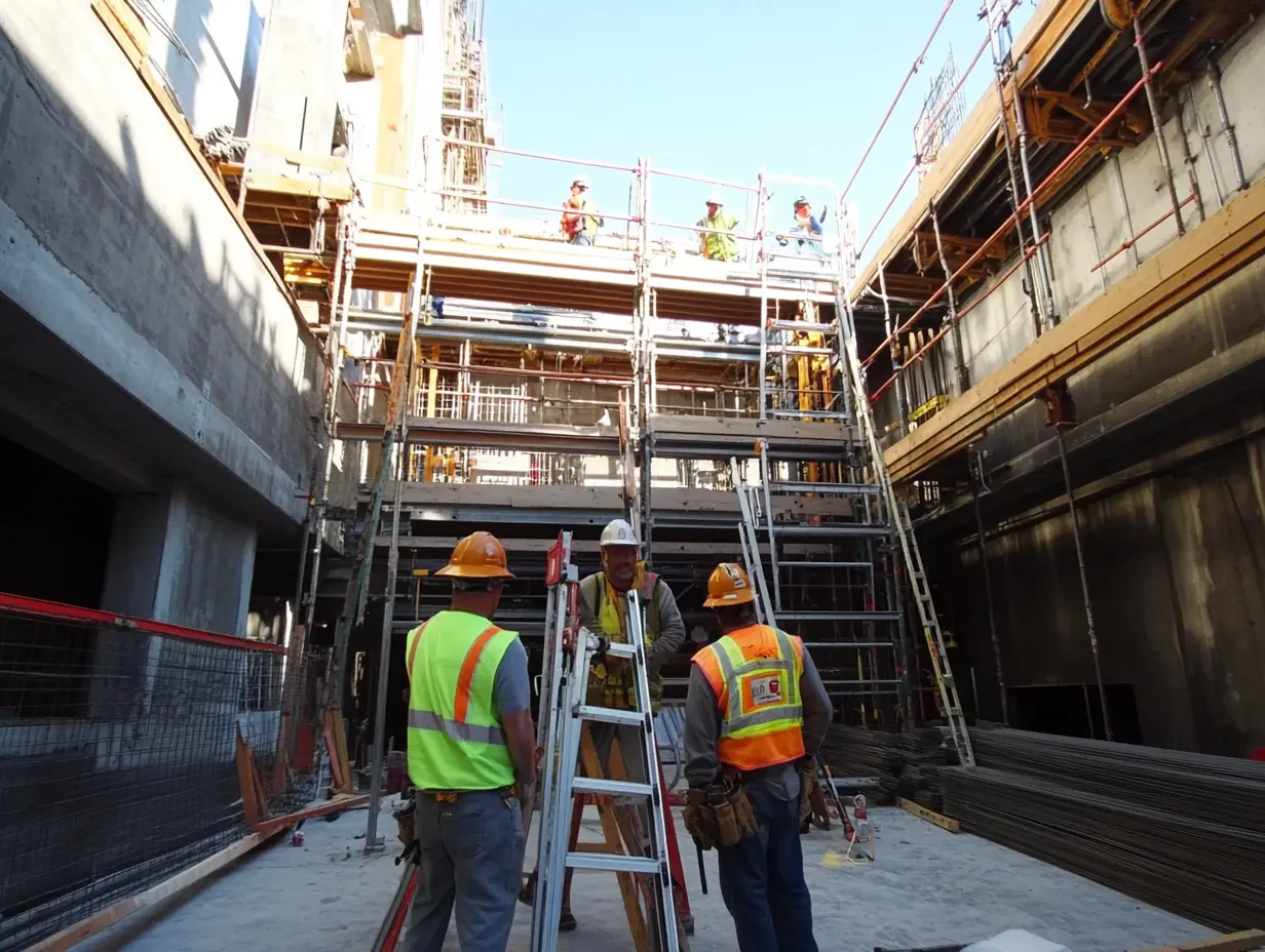 A group of workers are participating in an OSHA ladder safety training session. An instructor is demonstrating proper ladder climbing techniques, emphasizing three points of contact and secure footing.