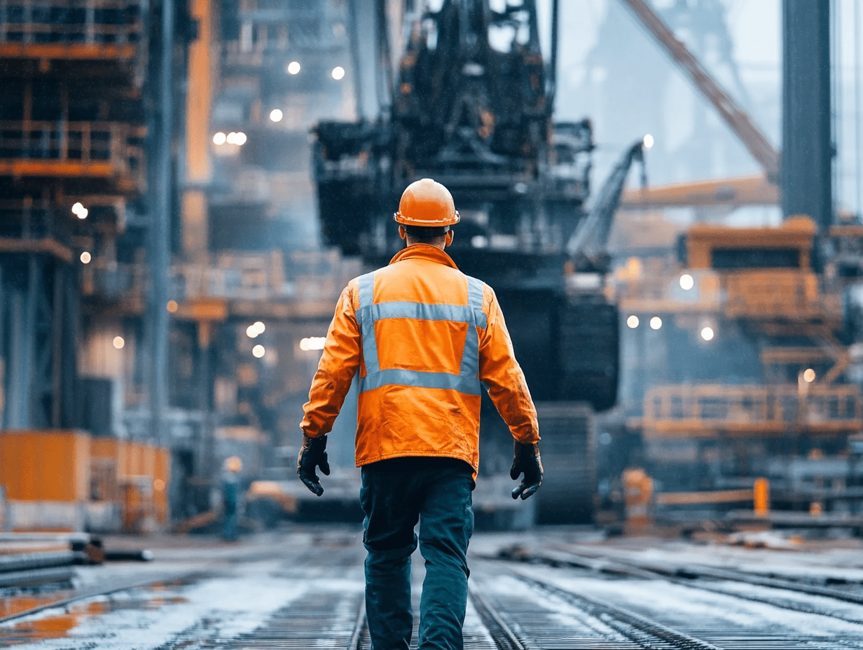 Rigging worker walking to work at a construction site with an industrial