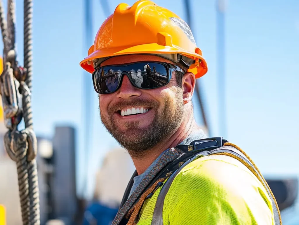 A Rigging Supervisor wearing a bright orange helmet, sunglasses, and a high-visibility jacket smiles at the camera on a sunny day.