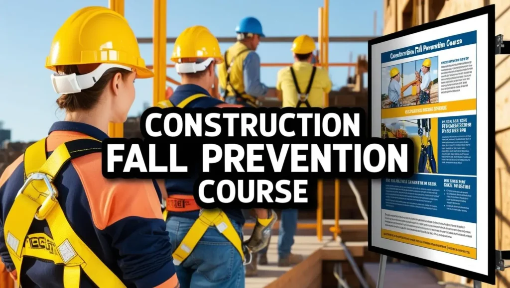 Workers wearing safety gear attend an 8-HR construction fall prevention course. A large display shows crucial safety details and images of best practices, emphasizing the importance of fall prevention measures.