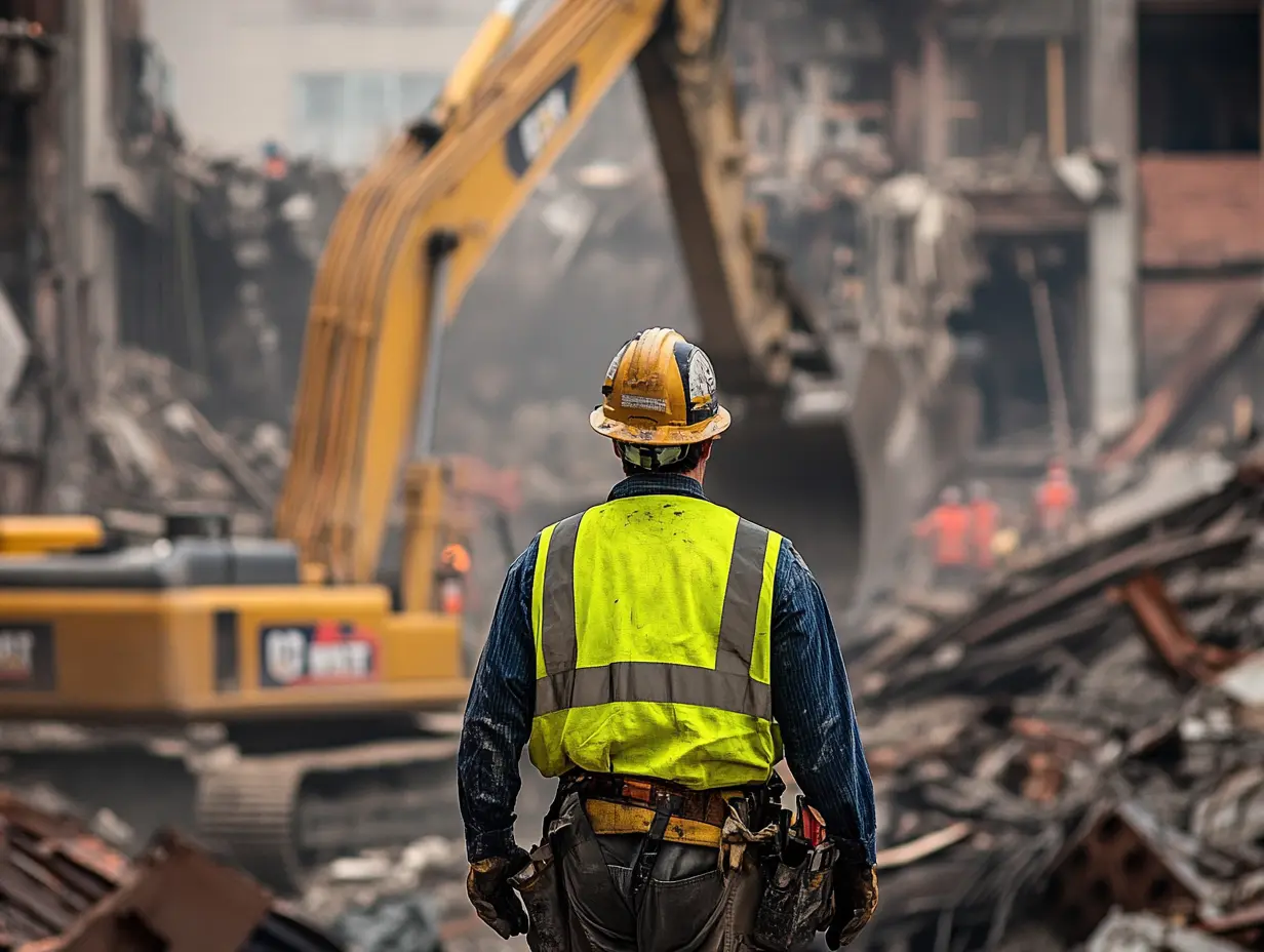 A disaster site worker in a yellow vest and helmet observes a digger clearing debris at the disaster site.