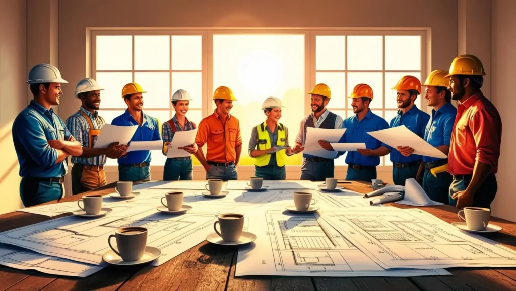 In a sunlit room, a group of construction professionals gathers for a pre-task meeting, wearing hard hats as they discuss blueprints around a table adorned with coffee cups.