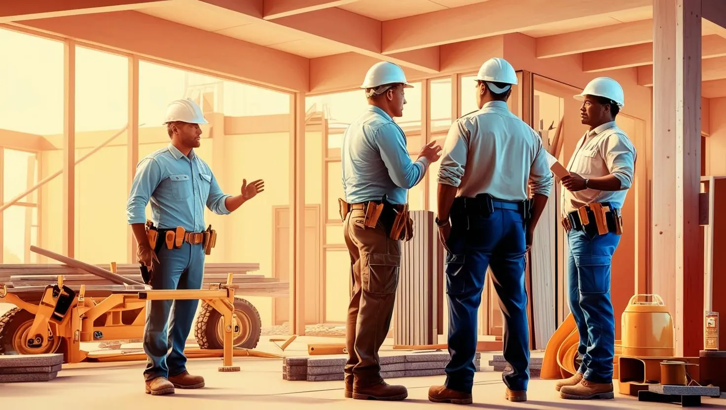 Four construction workers wearing hard hats and tool belts are engaged in a serious discussion about Reasonable Suspicion protocols in an unfinished building. One worker gestures emphatically while the others listen intently, surrounded by various construction tools and materials.