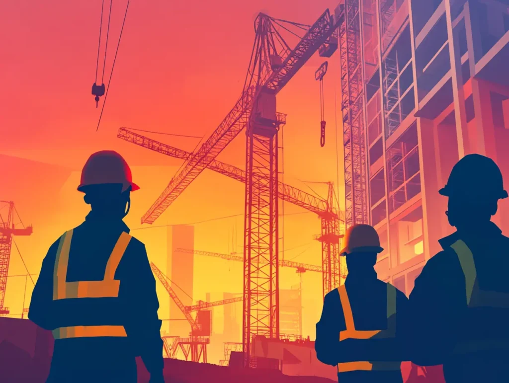 An abstract portrait of a group certified OSHA rigging worker behind a rigging machine next to a unfinished construction site