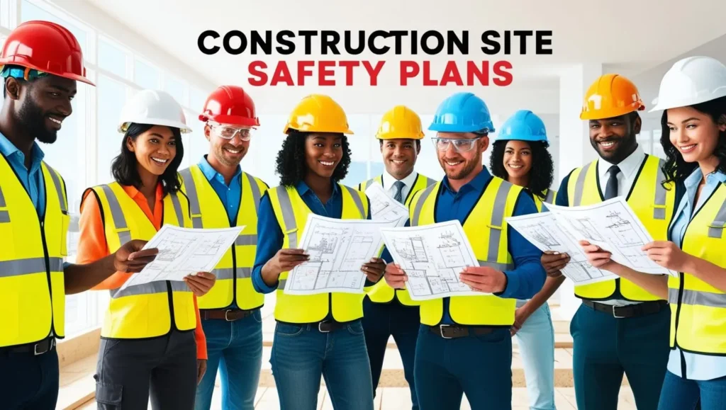 A group of construction professionals in hard hats and reflective vests review safety plans, ensuring compliance with the Site Safety requirements on the construction site.