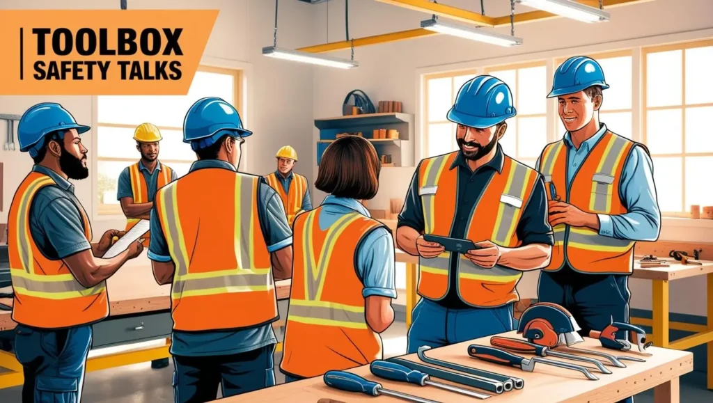 In a bustling workshop, workers donning hard hats and safety vests gather for a crucial construction toolbox talk. Tools are methodically arranged on the table as they engage in a detailed safety discussion beneath the sign reading Toolbox Safety Talks.