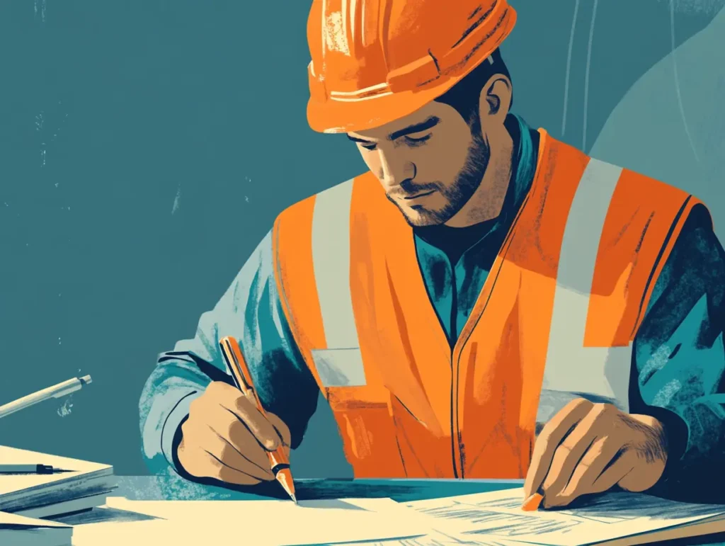 A man in an orange safety vest and hard hat is diligently working on a construction project, emphasizing workplace safety