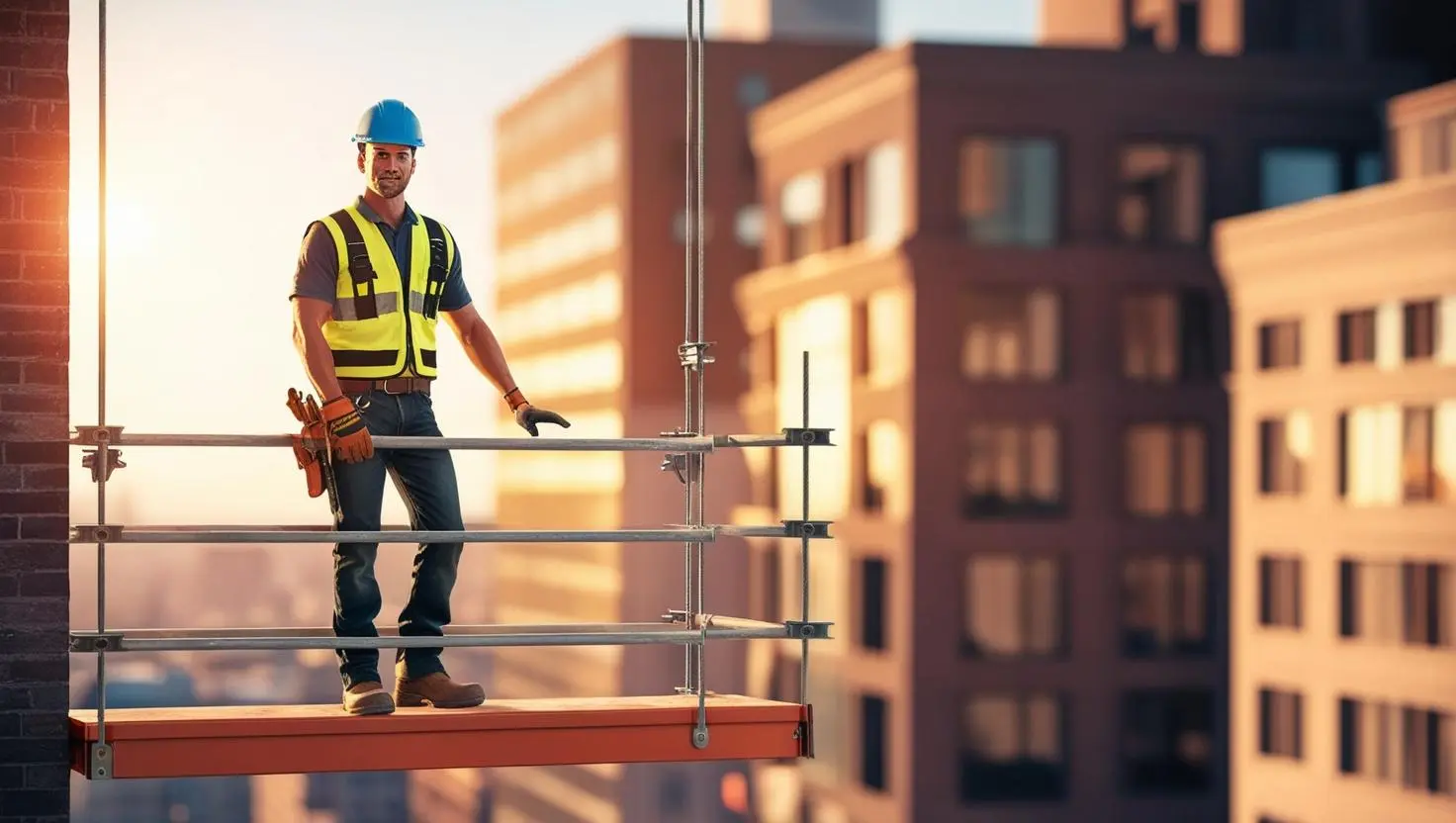 A construction worker wearing a safety vest and helmet stands on a suspended scaffold, framed by the cityscape in the background.