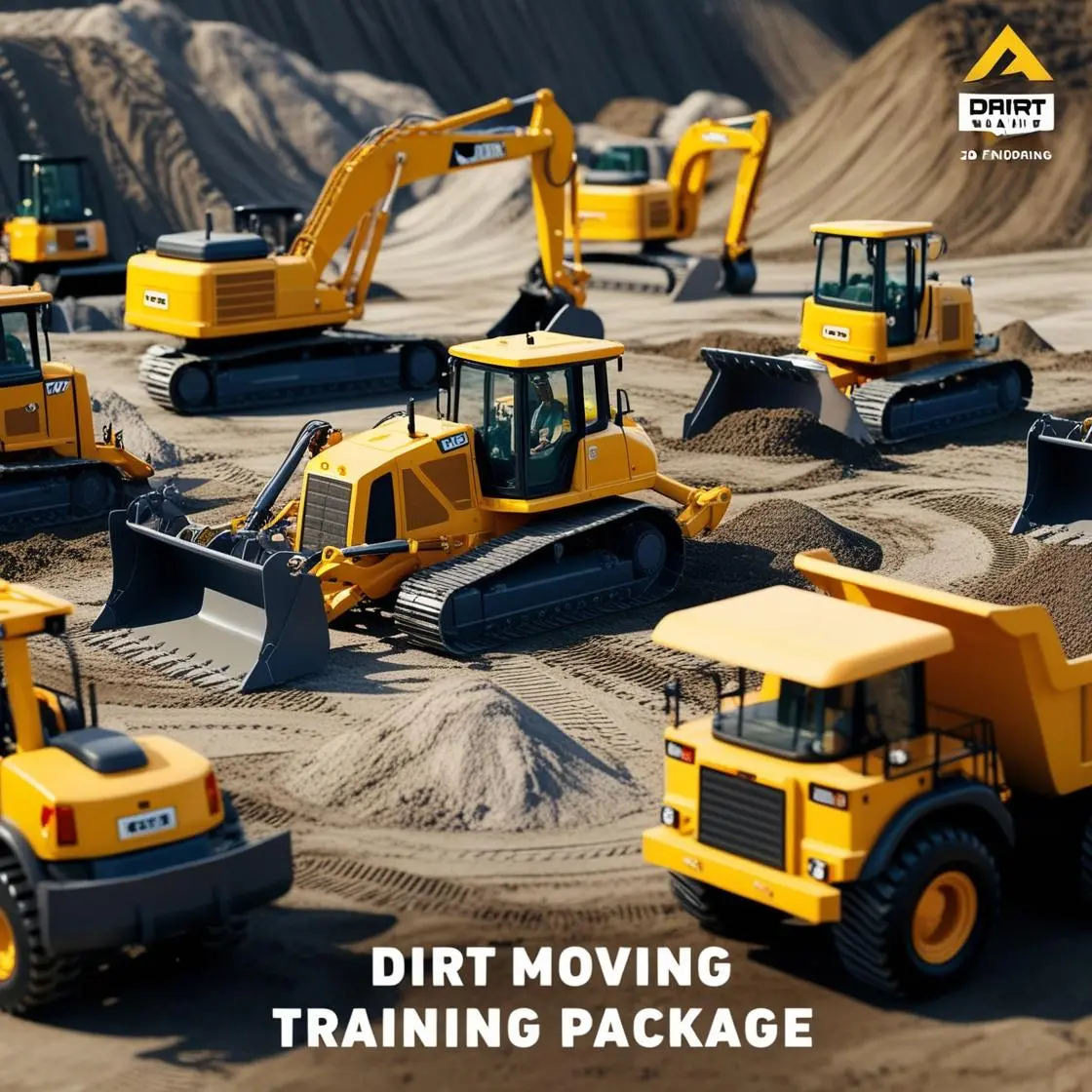 A group of yellow construction vehicles, including bulldozers, loaders, and a backhoe, arranged on a sand terrain. Text reads, Dirt Moving Operator Training Package.