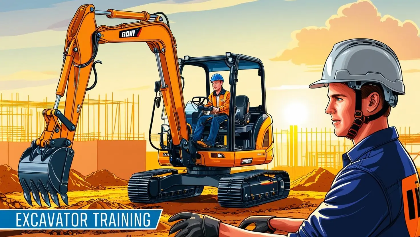 A worker is receiving training on operating an excavator. An instructor is observing as the trainee practices digging and maneuvering the excavator arm.