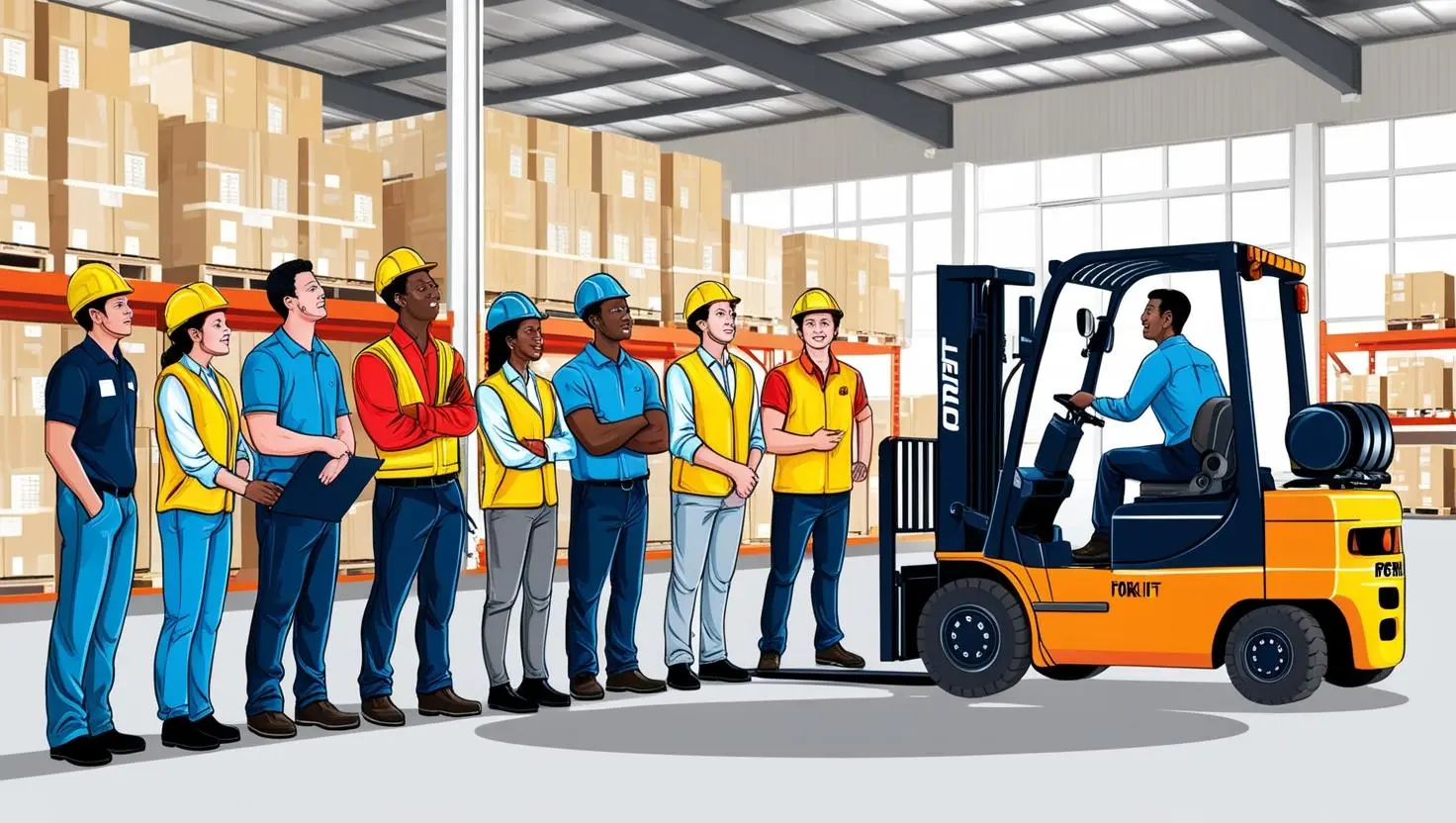 A crew of warehouse workers is given a forklift training course to learn best practices and safety procedures