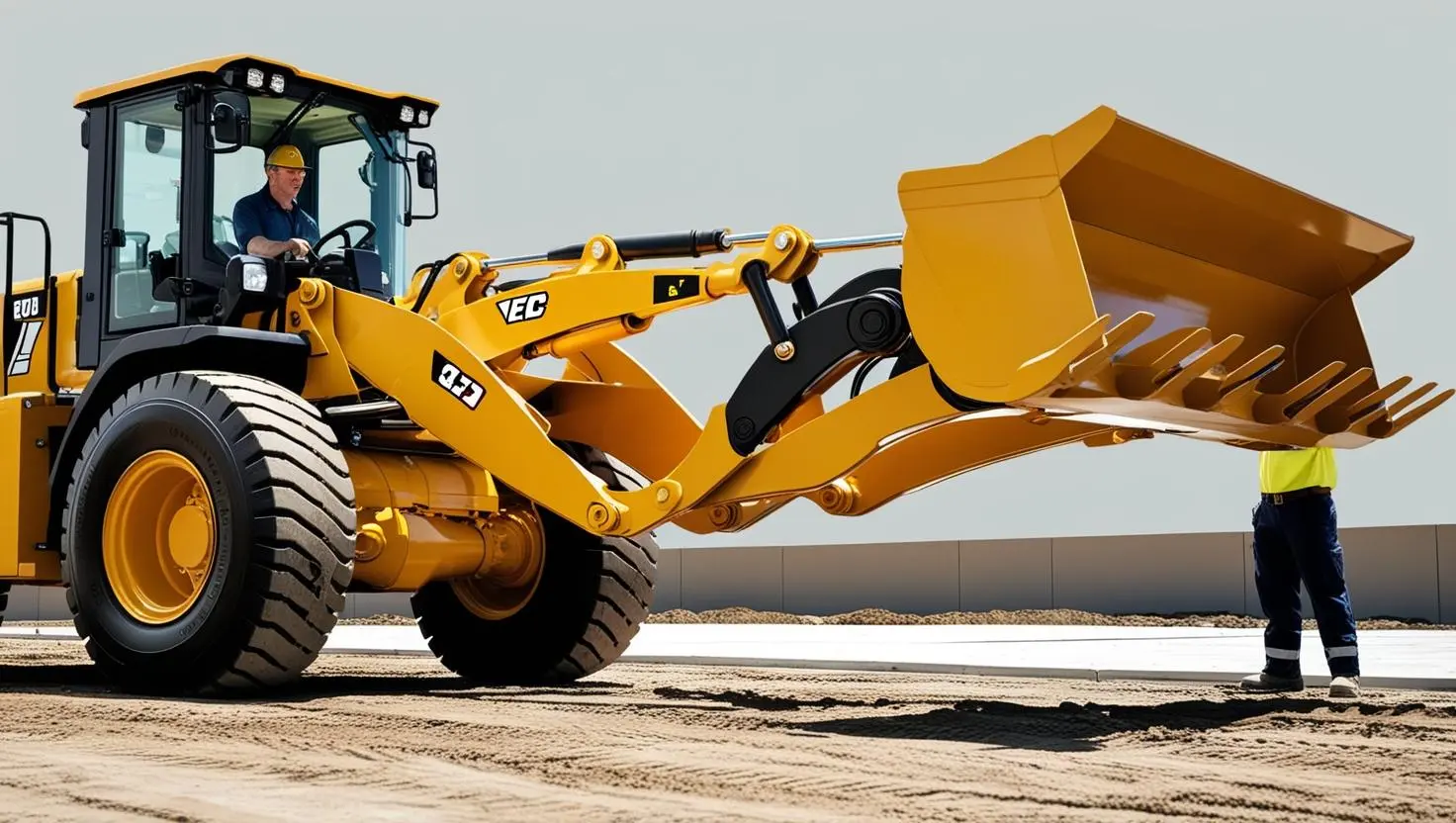 A worker is receiving training on operating a front-end loader. An instructor is observing as the trainee practices maneuvering the loader bucket.