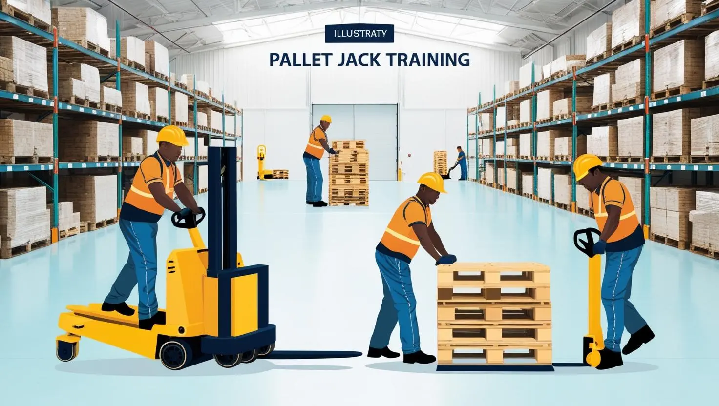 In a busy warehouse, workers are receiving training on operating an electric pallet jack. An instructor is observing is observing as the trainee practices maneuvering the pallet jack through aisles of stacked pallets.