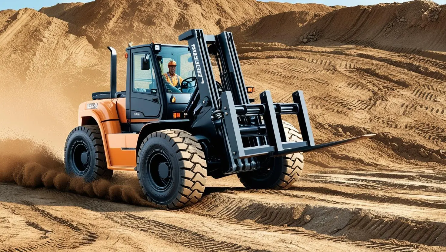 An orange forklift maneuvers skillfully on the sandy rough terrain with hills in the background under a clear sky, showcasing advanced training techniques for smooth operation.