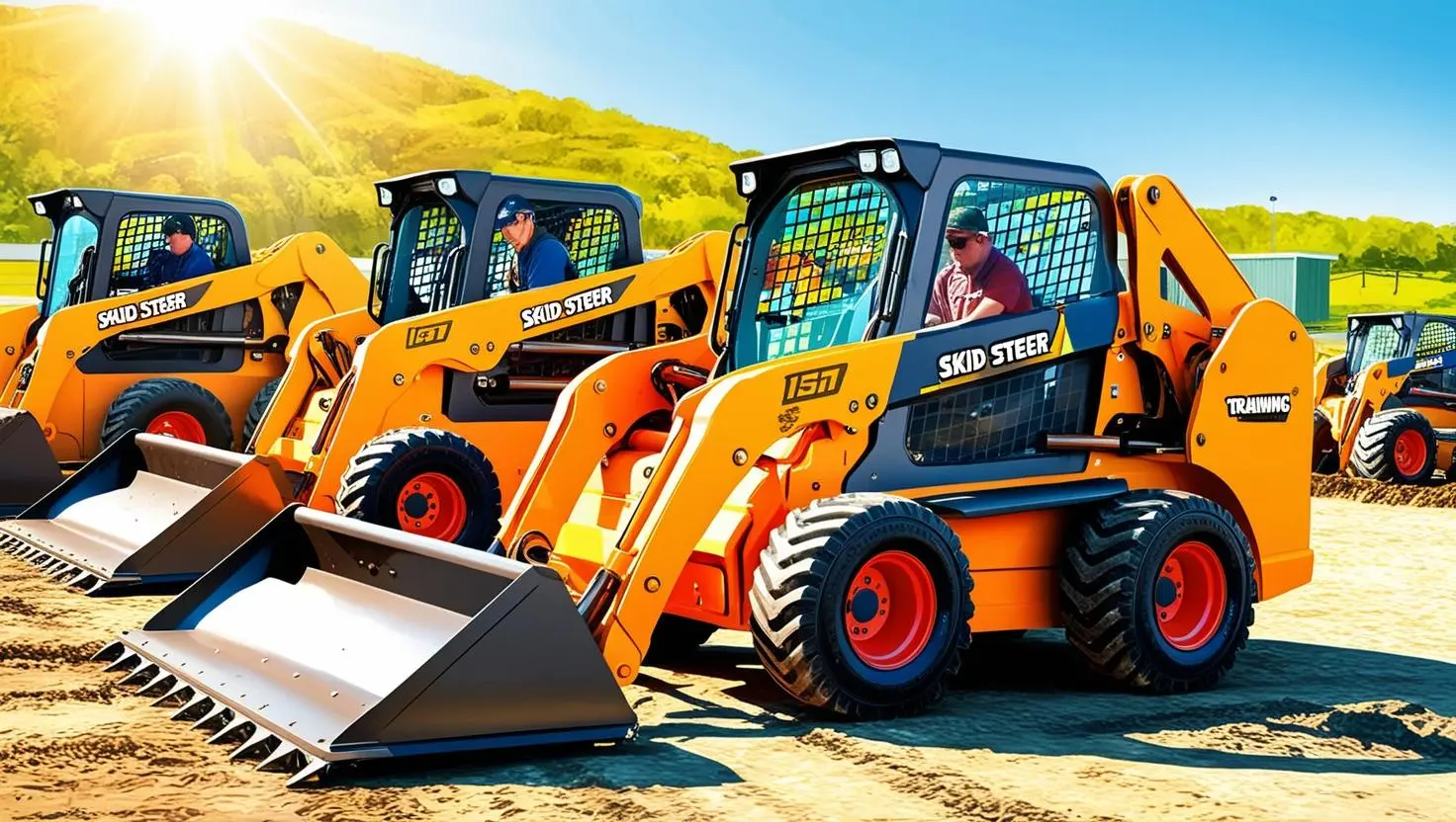 Illustration of a row of yellow skid steer vehicles to focus on safety procedures and attachment usage