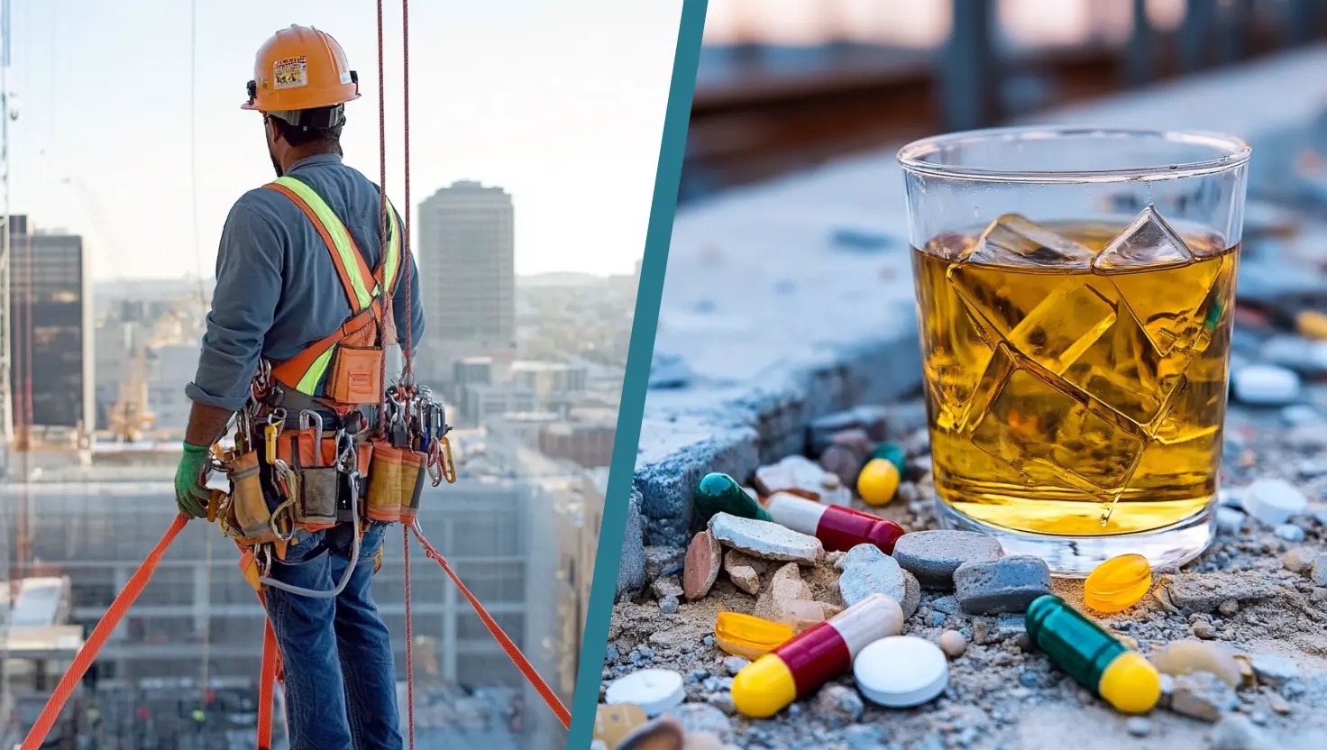 A collage photo with a photo on the list the emphasizes construction worker to use fall prevention procedures when working on construction site. On the Right photo is a glass of alcohol and drug pills that emphasize to learn about construction workers discussing the importance of drug awareness and safety