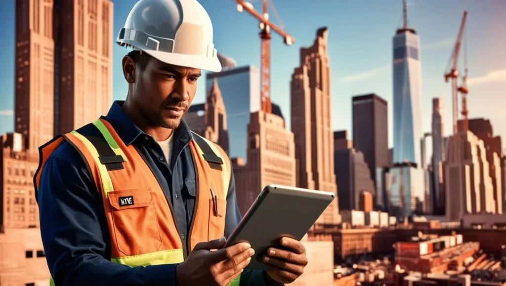 A construction worker in a safety vest and hard hat stands on a suspended scaffold, using a tablet at the site with towering skyscrapers and cranes in the background.