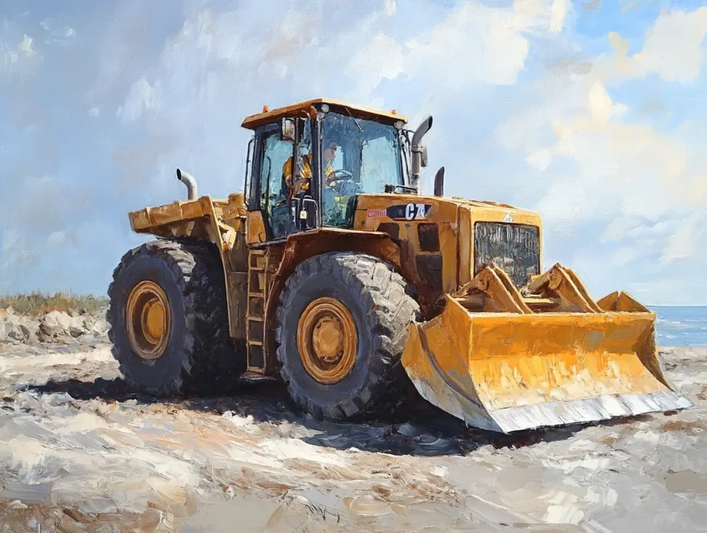 A yellow bulldozer, often used in front end loader operator training, moves effortlessly across the sandy terrain under a partly cloudy sky.