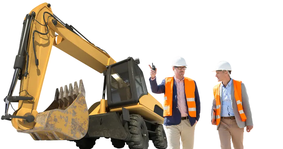 Two construction workers in orange safety vests and white helmets stand beside an excavator, conversing.