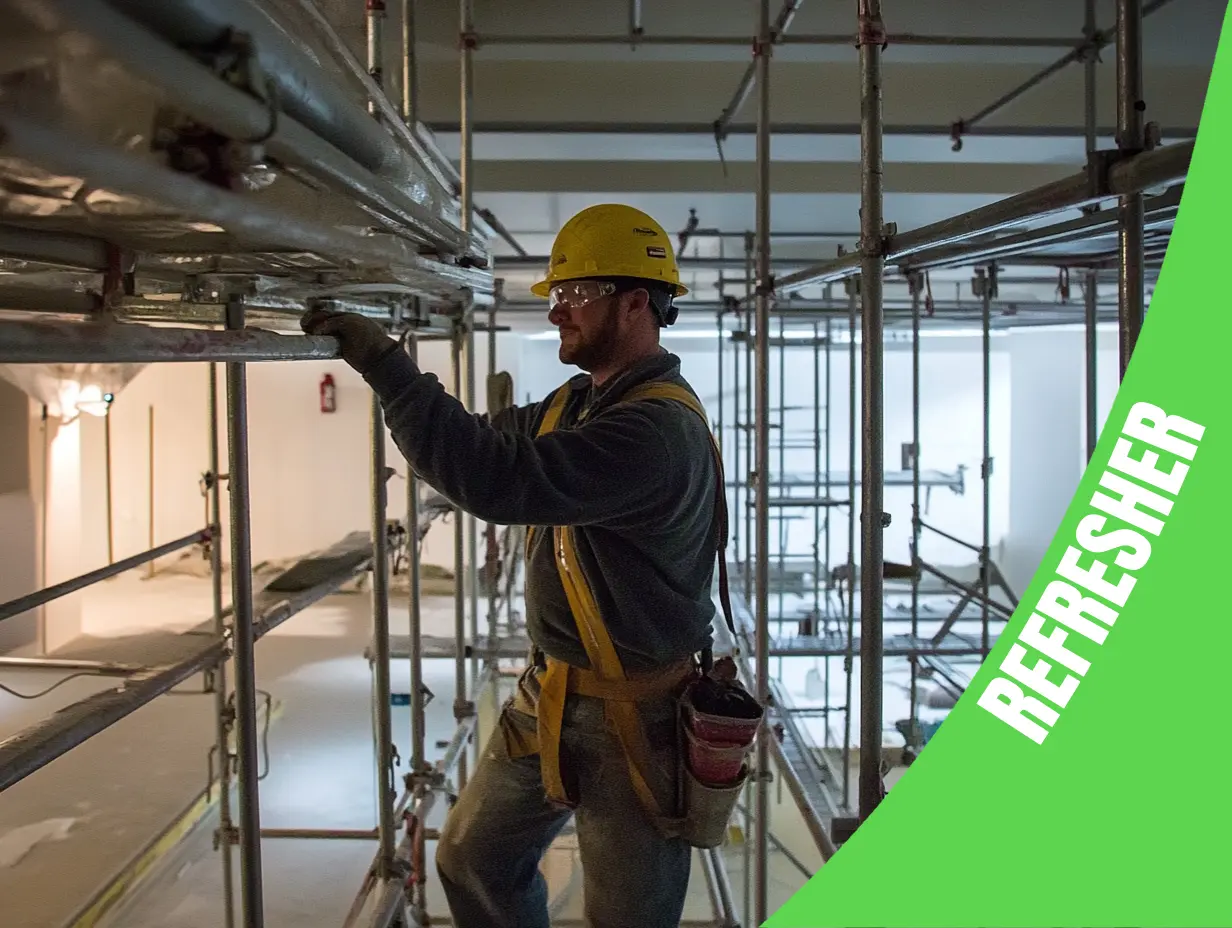 A worker on scaffolding, complete with safety gear, adjusts metal beams while participating in an essential installing and removing supported scaffold refresher course. A green banner on the right proudly displays the Refresher Course.