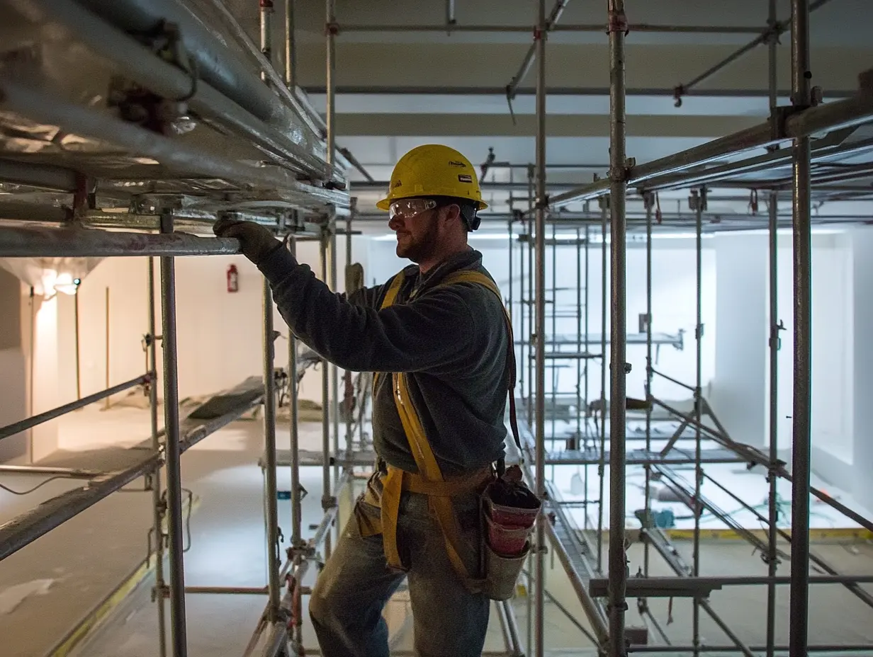 A worker on scaffolding, complete with safety gear, adjusts metal beams while participating in an essential installing and removing supported scaffold refresher course.