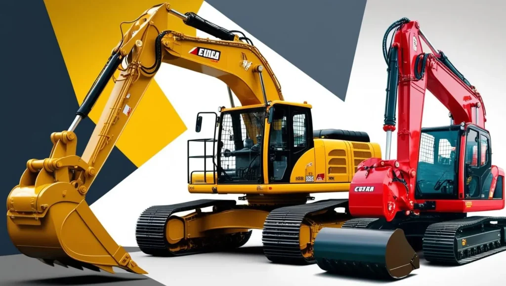 A side by side comparison of a large excavator next to a mini excavator