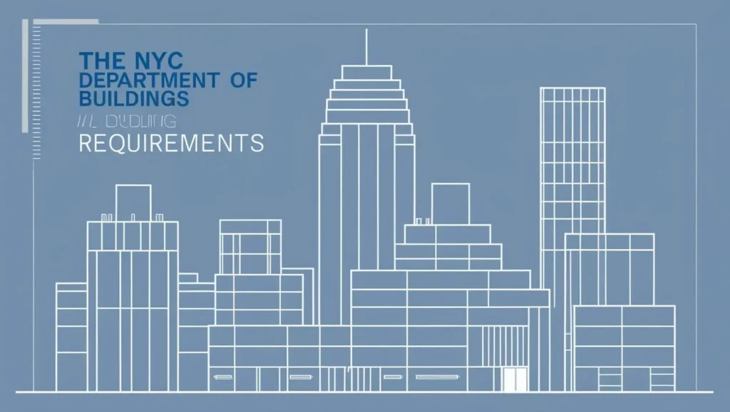 A wire frame illustration showing New York City and its Department of Buildings Requirements for becoming a construction worker