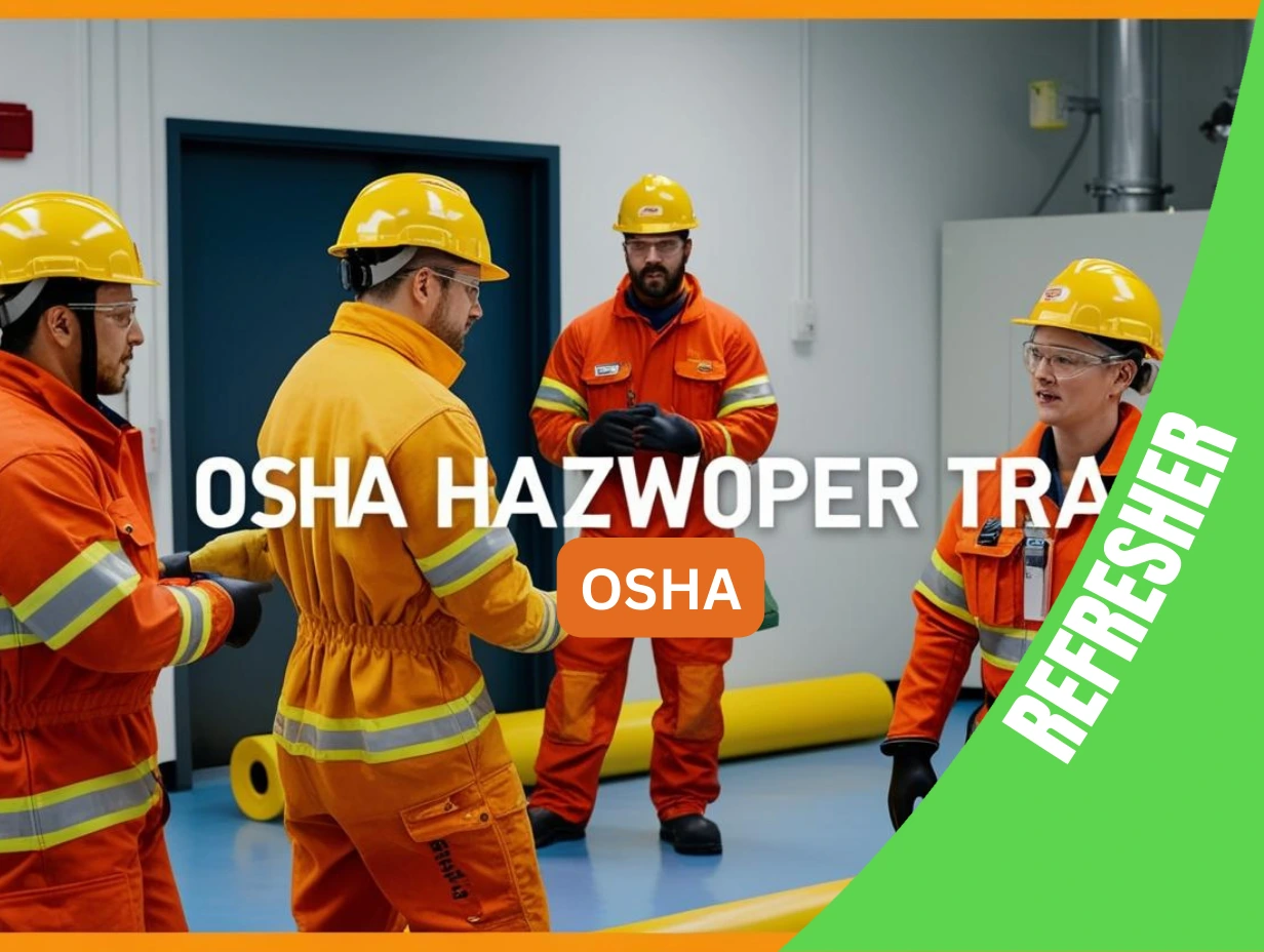 Four workers in orange safety gear and helmets engage in discussion, highlighting their participation in an 8-Hour Refresher Training. A green corner of the image reads Refresher. The background includes essential safety equipment, emphasizing their commitment to HAZWOPER standards.