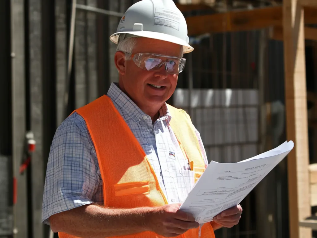 A person reviewing and updating a construction site safety certioficate to ensure continued compliance with safety regulations