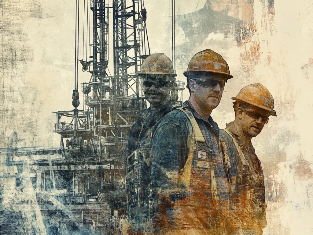 Three construction workers in hard hats and vests, supervised by a Rigger Supervisor, stand near a large industrial crane. The image has a textured, artistic overlay that mirrors the focus of their 16-HR refresher training.