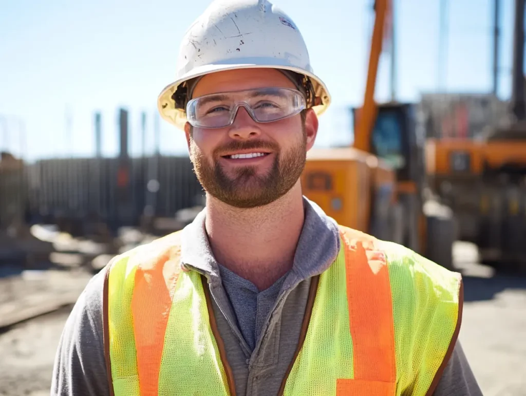 A site safety coordinator wearing safety glasses and a hard hat, demonstrating safety precautions in a work environment.