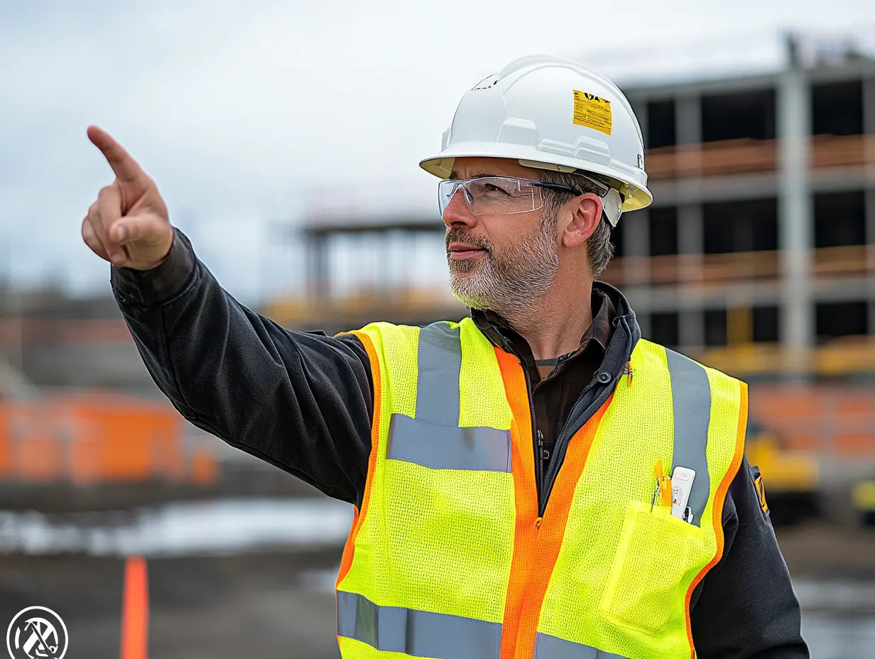 A man in a hard hat, serving as a site safety coordinator, overseeing safety protocols at a construction site.