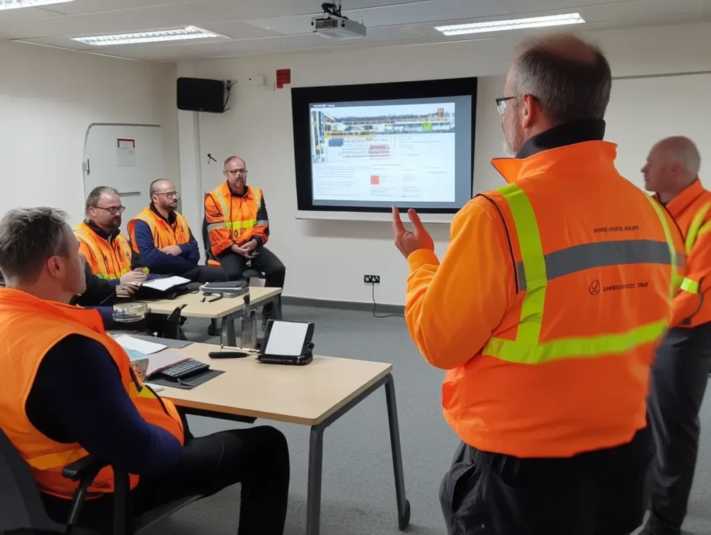 Site Safety managers in orange safety vests sit around tables in a meeting room, attentively watching a screen displaying a presentation.